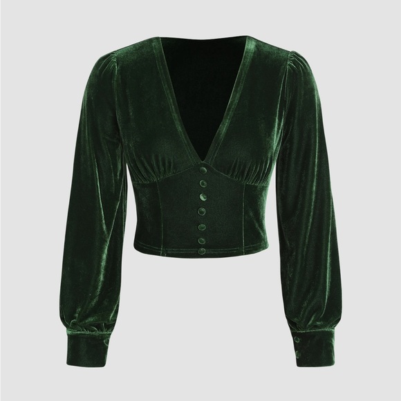 Cider Tops - CIDER Green V-Neck Long Sleeve Crop Top with Button Details